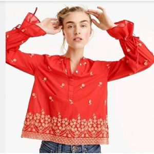 NWT J.Crew Red Embroidered Popover Blouse